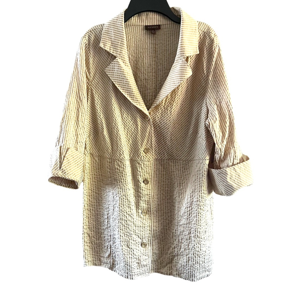 Tesori Silk Blend Crinkle Jacket Blazer XL Fits Medium Neutral Stripe